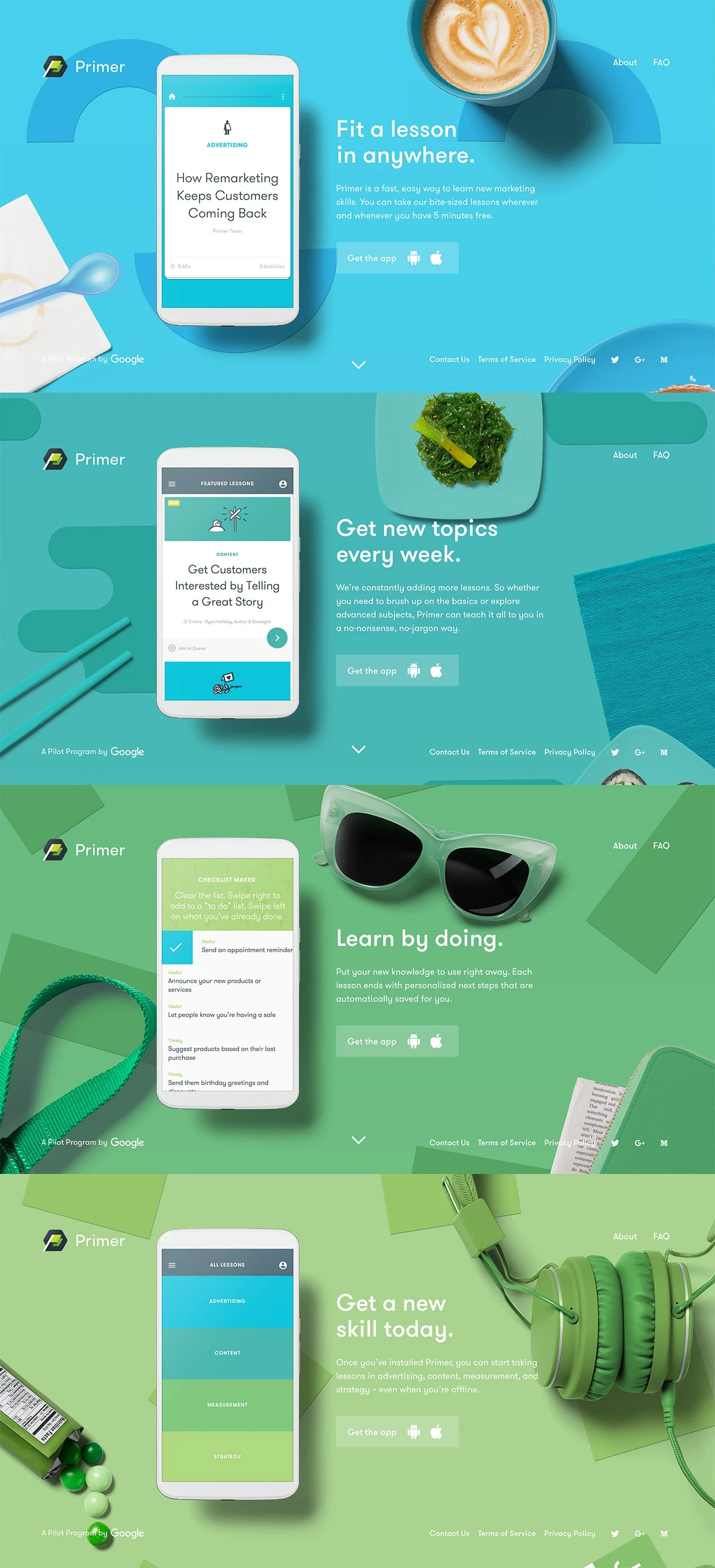 Primer Landing Page Example: Primer is the fast, easy way to learn new marketing skills. Download our free mobile app for 5-minute lessons you can do anywhere.