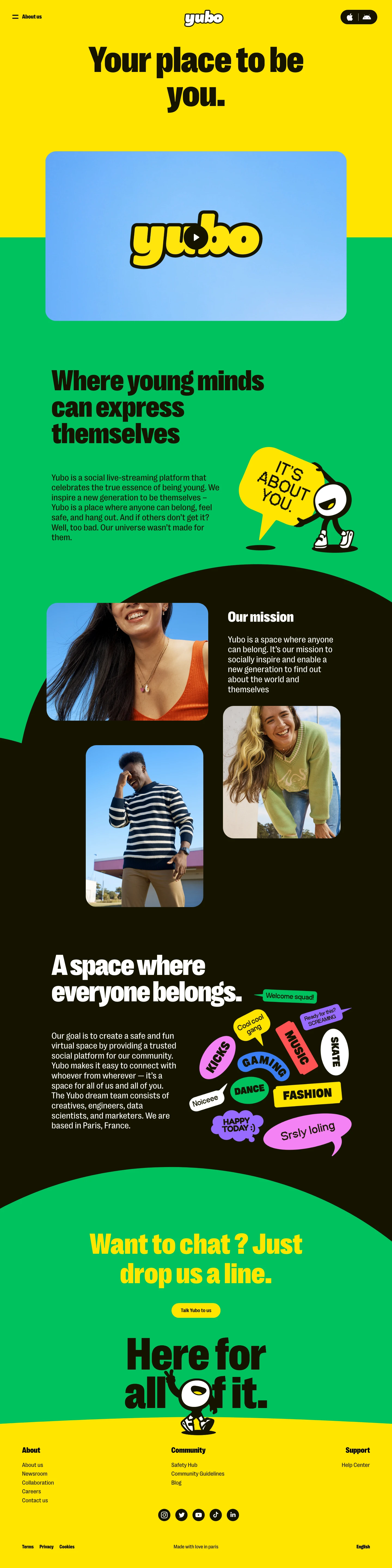 Yubo Landing Page Example: Yubo is your social video live-streaming app. Join the fun, chat, play games, and live stream. There’s always a place for you here. Ready to Yubo?