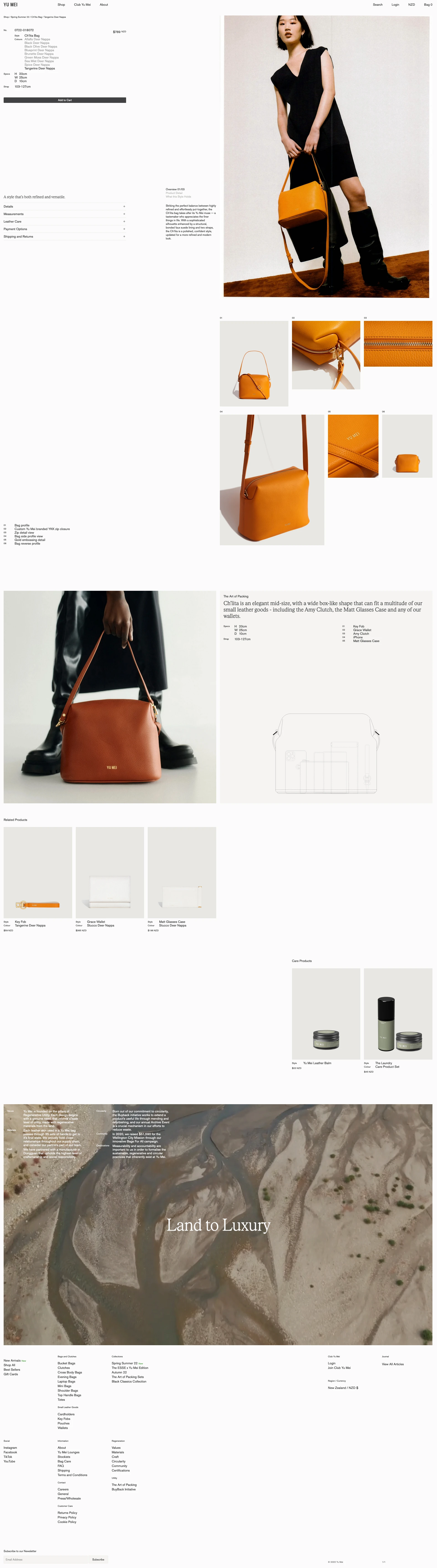 Yu Mei Landing Page Example: New Zealand-based leather goods label with a focus on utilitarian design, made for modern people seeking a new form of understated luxury.