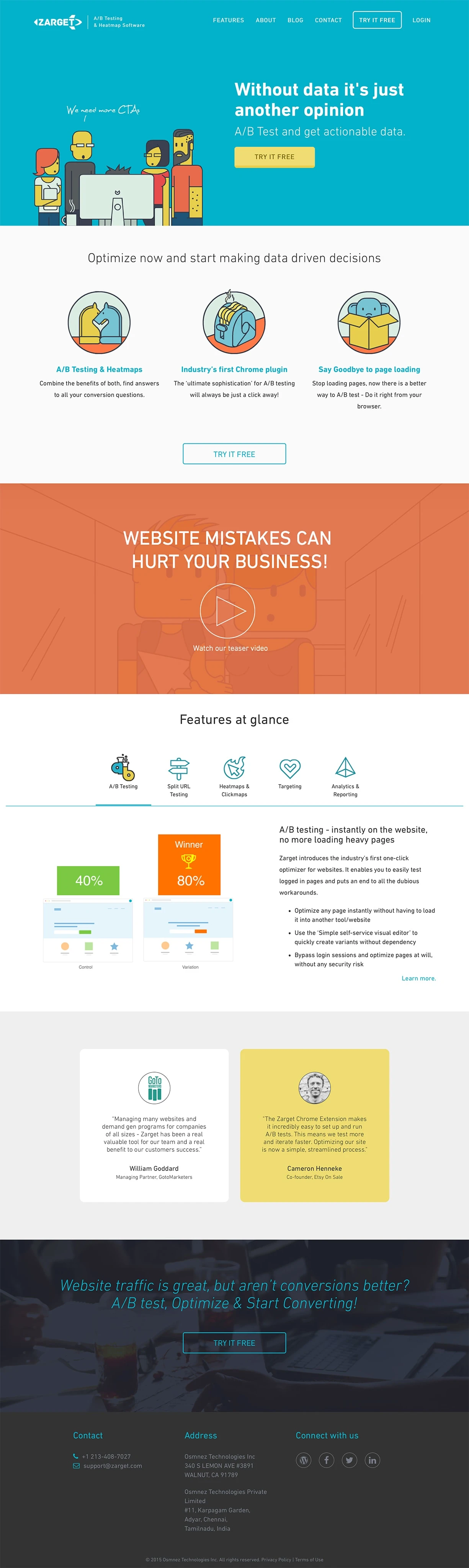 Zarget Landing Page Example: Zarget is new age AB testing and Heatmap software that lets you optimize your website with just a few clicks thereby increasing sales.