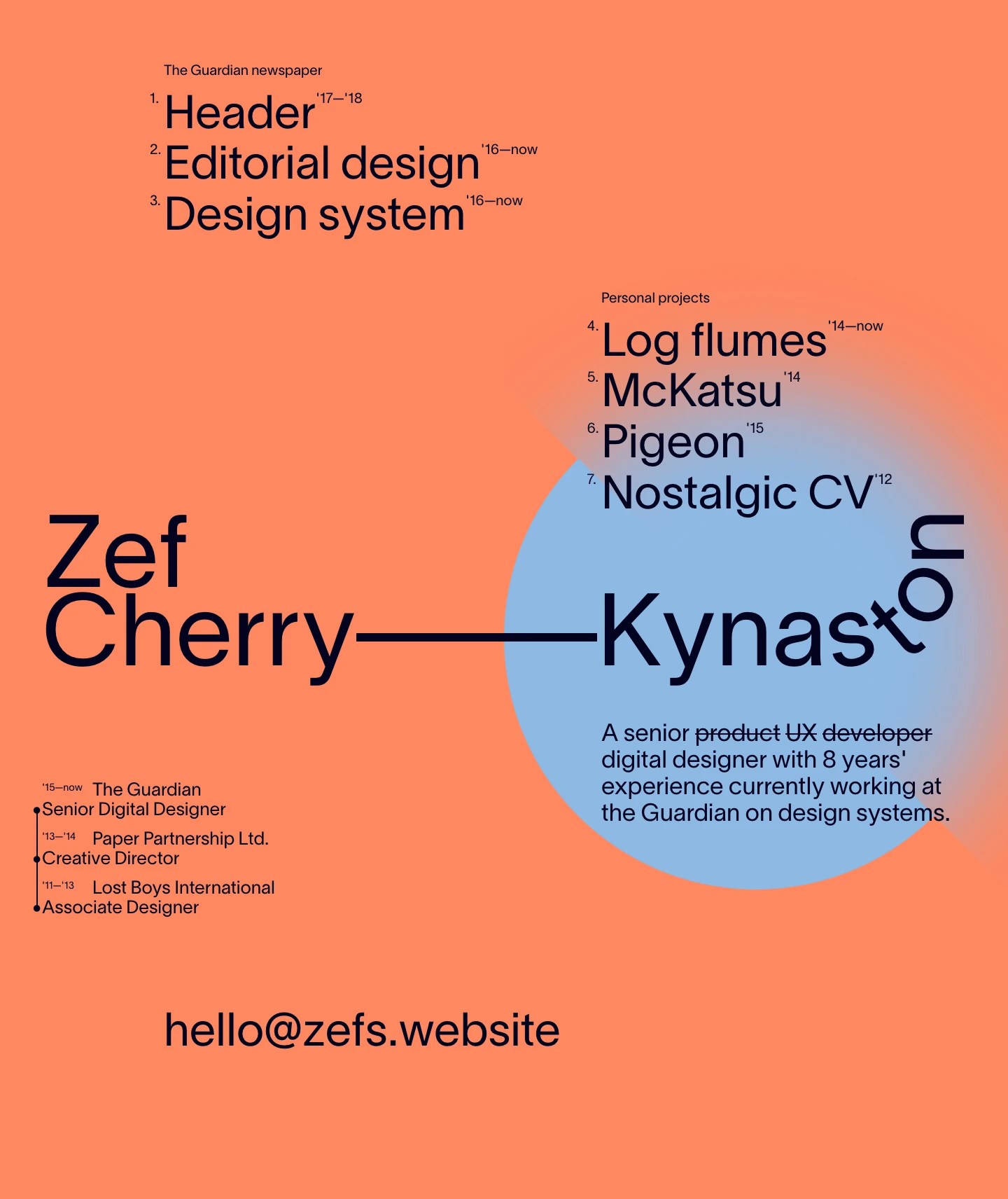Zef Cherry Kynaston Landing Page Example: A senior digital designer with 8 years' experience currently working at the Guardian on design systems.
