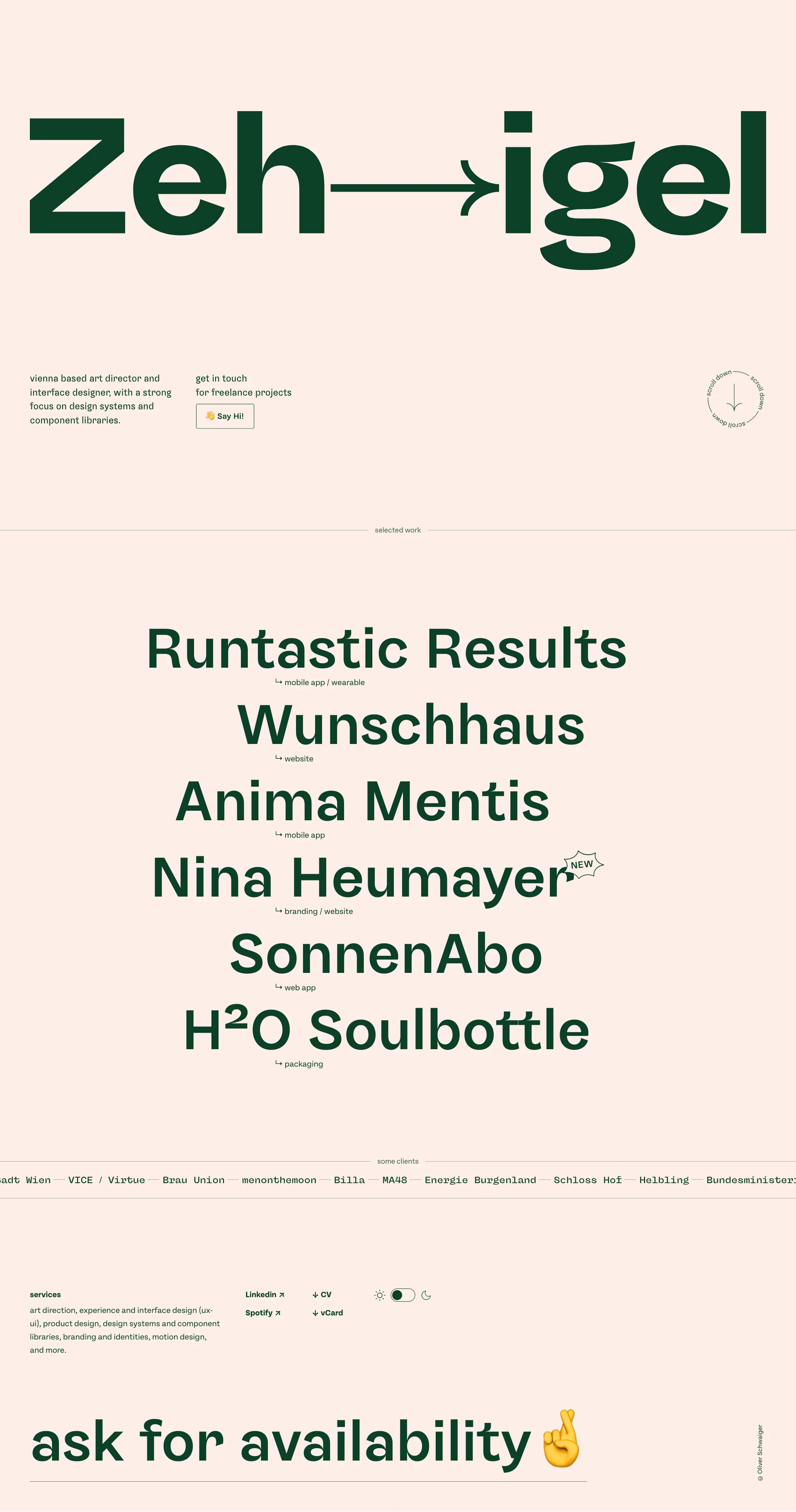 Zehigel Landing Page Example: Vienna based art director and interface designer, with a strong focus on design systems and component libraries.