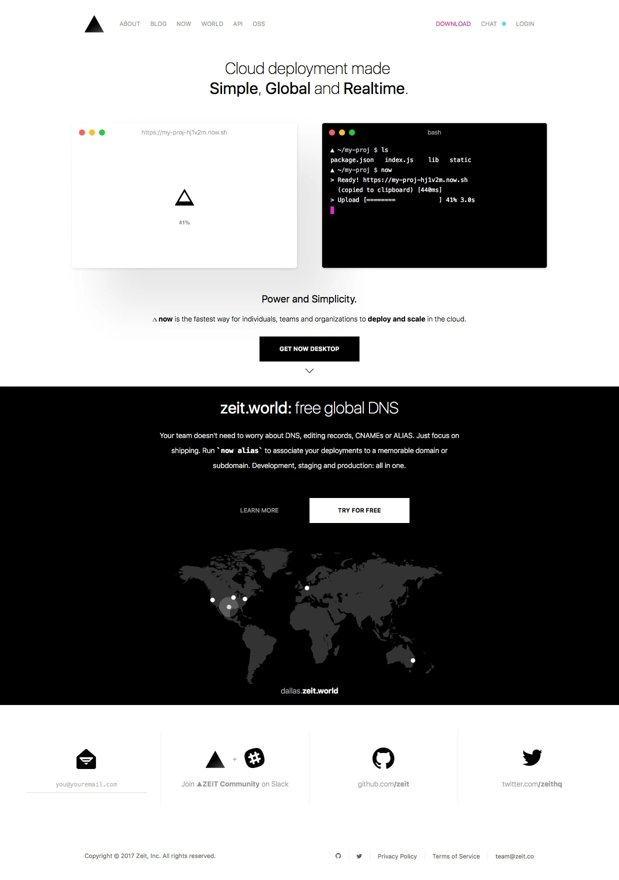 ZEIT Landing Page Example: Cloud deployment made Simple, Global and Realtime