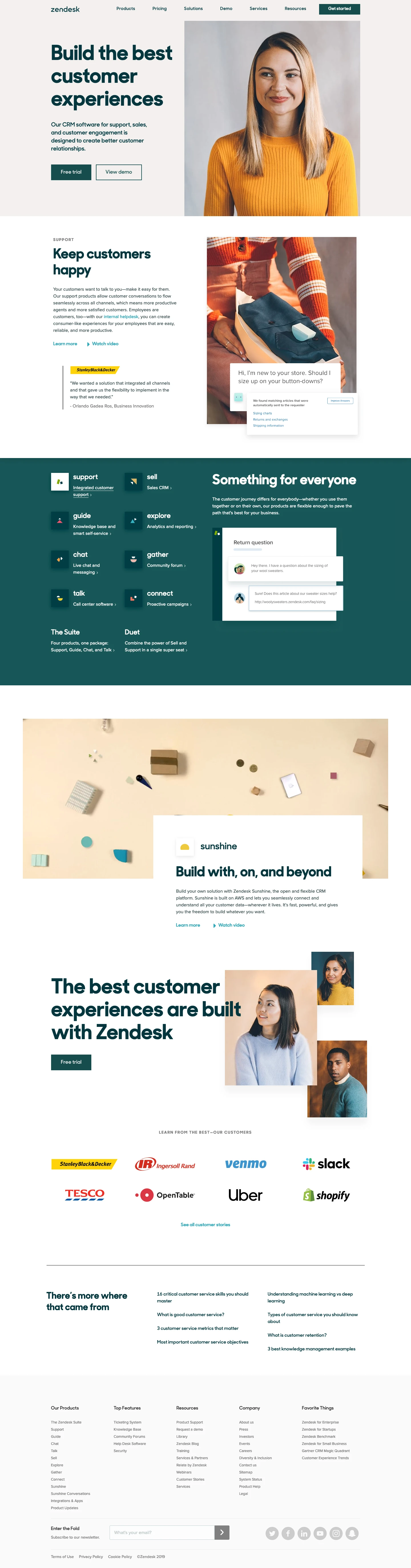 Zendesk Landing Page Example: Build the best customer experiences. Our CRM software for support, sales, and customer engagement is designed to create better customer relationships.